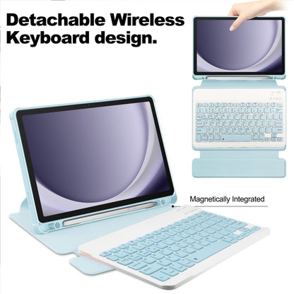 For Samsung Galaxy Tab A9+ 360 Rotation Transparent Smart Leather Case with Keyboard(Sky Blue) by bashfashion