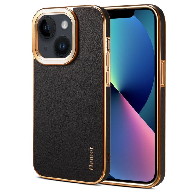 For iPhone 13 Denior Cowhide Leather Plating Phone Case(Black) by Denior