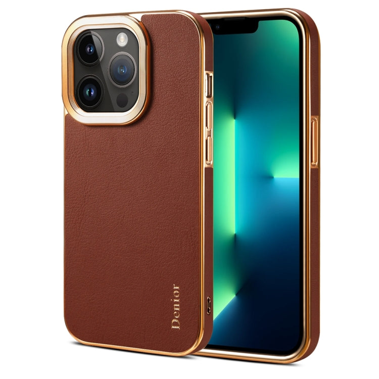 For iPhone 13 Pro Max Denior Cowhide Leather Plating Phone Case(Brown) by Denior