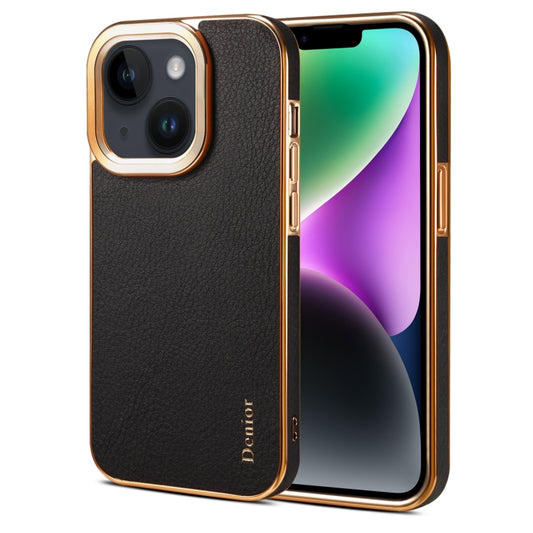 For iPhone 14 Plus Denior Cowhide Leather Plating Phone Case(Black) by Denior