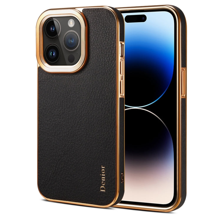 For iPhone 14 Pro Max Denior Cowhide Leather Plating Phone Case(Black) by Denior