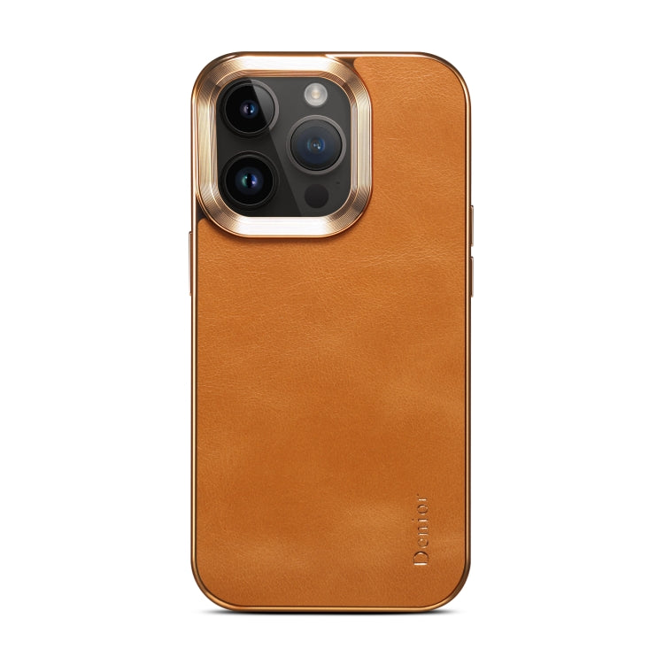 For iPhone 15 Pro Max Denior Cowhide Leather Plating Phone Case(Khaki) by Denior