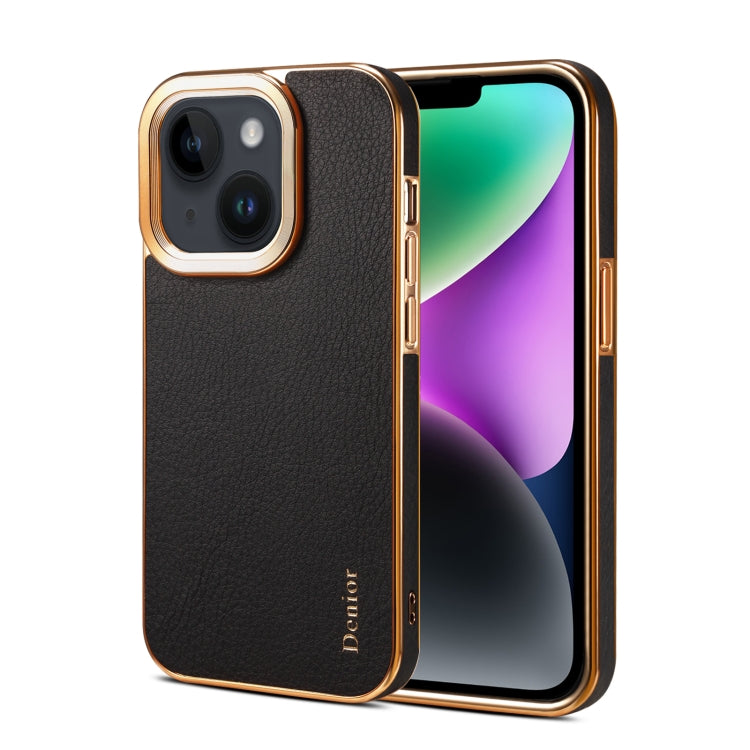 For iPhone 15 Plus Denior Cowhide Leather Plating Phone Case(Black) by Denior