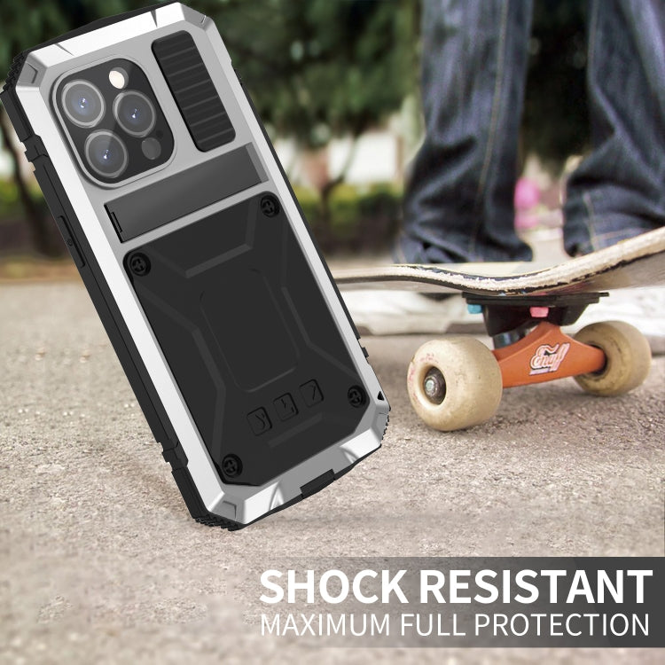 For iPhone 15 Pro Max R-JUST Shockproof Life Waterproof Dust-proof Metal + Silicone Phone Case with Holder(Silver) by R-JUST