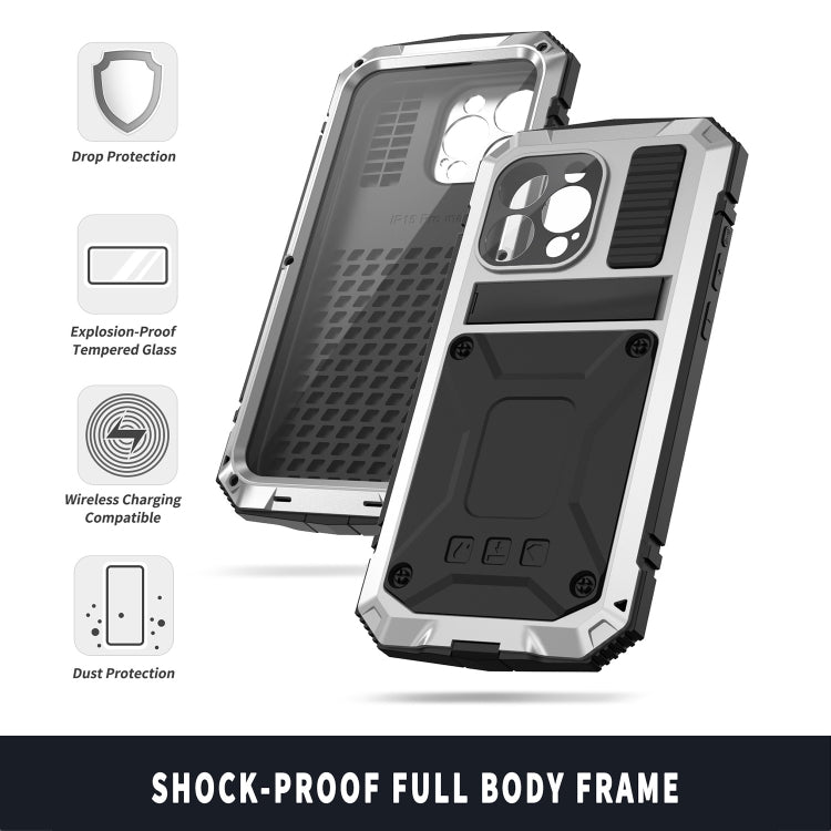 For iPhone 15 Pro Max R-JUST Shockproof Life Waterproof Dust-proof Metal + Silicone Phone Case with Holder(Silver) by R-JUST