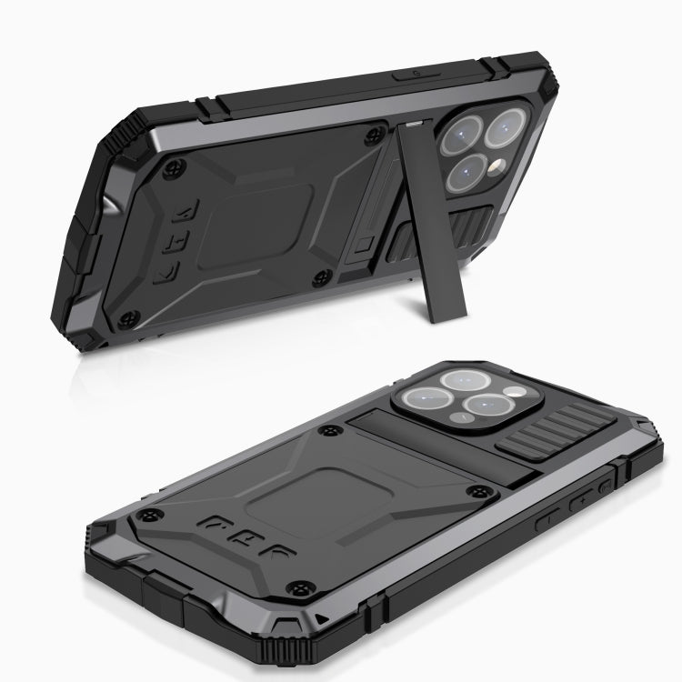 For iPhone 15 Pro R-JUST Shockproof Life Waterproof Dust-proof Metal + Silicone Phone Case with Holder(Black) by R-JUST