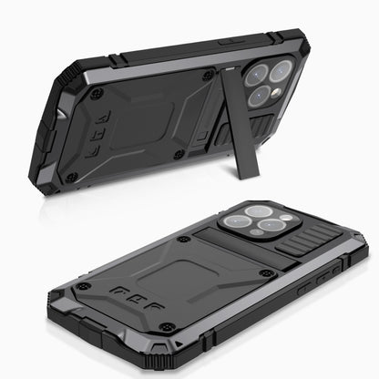 For iPhone 15 Pro R-JUST Shockproof Life Waterproof Dust-proof Metal + Silicone Phone Case with Holder(Black) by R-JUST