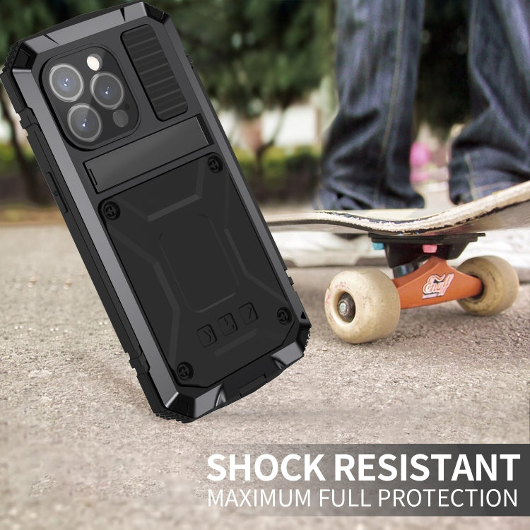 For iPhone 15 Pro R-JUST Shockproof Life Waterproof Dust-proof Metal + Silicone Phone Case with Holder(Black) by R-JUST