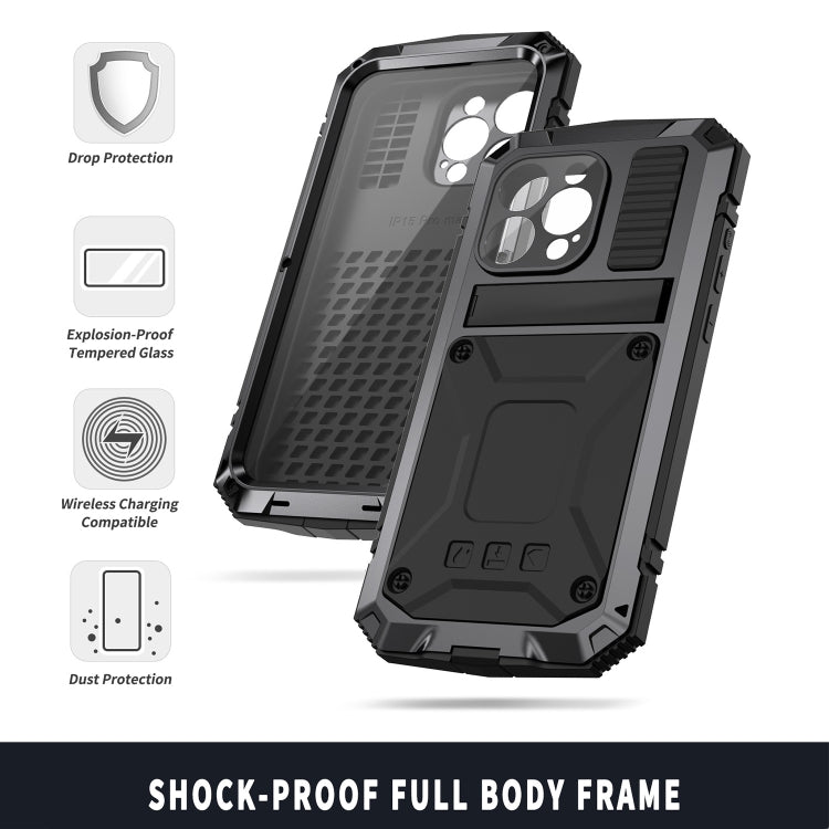For iPhone 15 Pro R-JUST Shockproof Life Waterproof Dust-proof Metal + Silicone Phone Case with Holder(Black) by R-JUST
