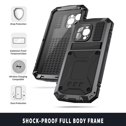 For iPhone 15 Pro R-JUST Shockproof Life Waterproof Dust-proof Metal + Silicone Phone Case with Holder(Black) by R-JUST