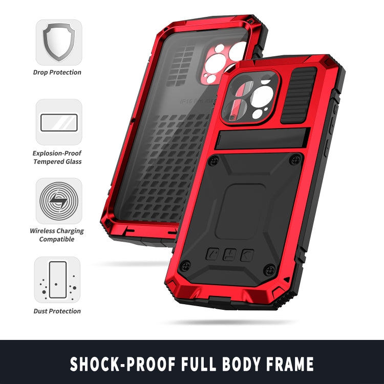 For iPhone 15 Pro R-JUST Shockproof Life Waterproof Dust-proof Metal + Silicone Phone Case with Holder(Red) by R-JUST