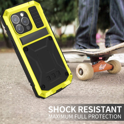 For iPhone 15 Pro R-JUST Shockproof Life Waterproof Dust-proof Metal + Silicone Phone Case with Holder(Yellow) by R-JUST