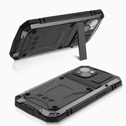 For iPhone 15 Plus R-JUST Shockproof Life Waterproof Dust-proof Metal + Silicone Phone Case with Holder(Black) by R-JUST