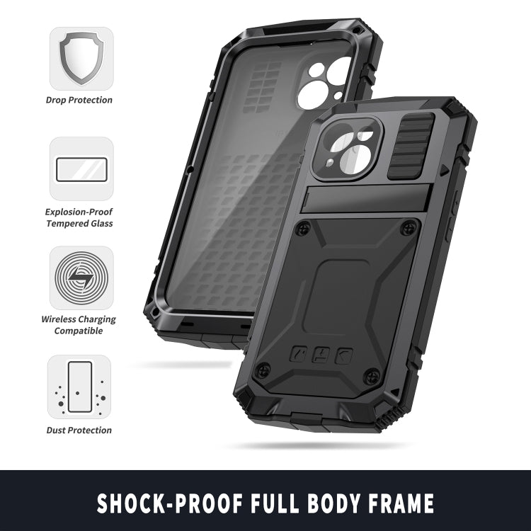 For iPhone 15 R-JUST Shockproof Life Waterproof Dust-proof Metal + Silicone Phone Case with Holder(Black) by R-JUST