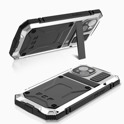 For iPhone 15 R-JUST Shockproof Life Waterproof Dust-proof Metal + Silicone Phone Case with Holder(Silver) by R-JUST