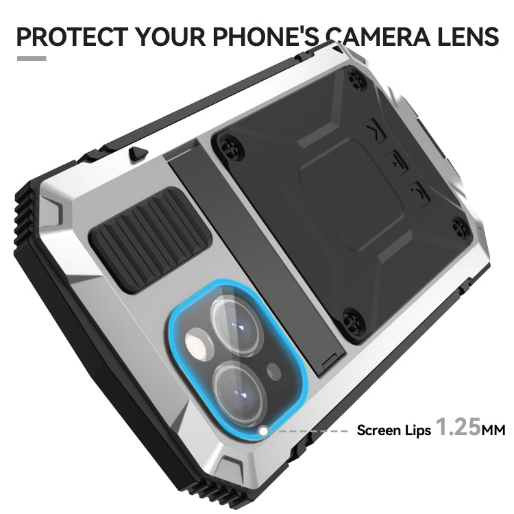 For iPhone 15 R-JUST Shockproof Life Waterproof Dust-proof Metal + Silicone Phone Case with Holder(Silver) by R-JUST