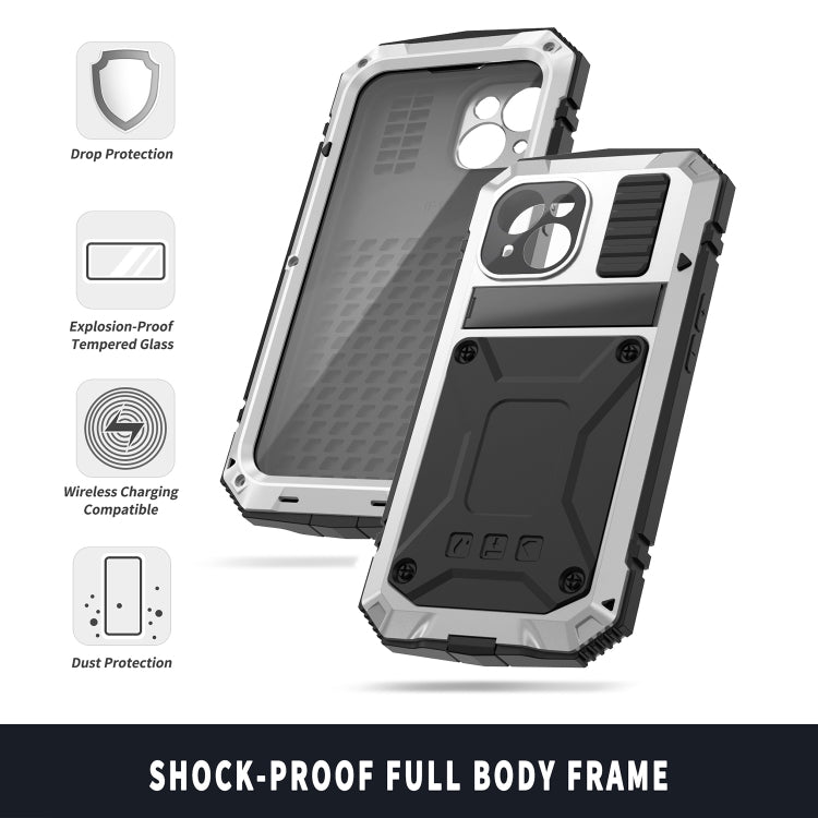 For iPhone 15 R-JUST Shockproof Life Waterproof Dust-proof Metal + Silicone Phone Case with Holder(Silver) by R-JUST