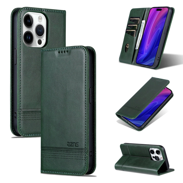 For iPhone 16 Pro AZNS Magnetic Calf Texture Flip Leather Phone Case(Dark Green) by AZNS