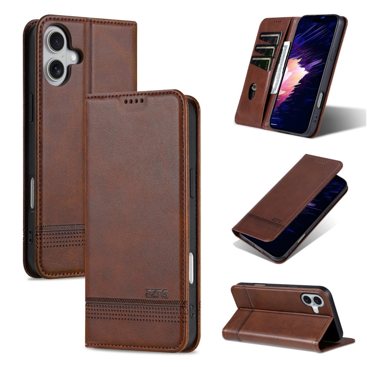 For iPhone 16 AZNS Magnetic Calf Texture Flip Leather Phone Case(Dark Brown) by AZNS