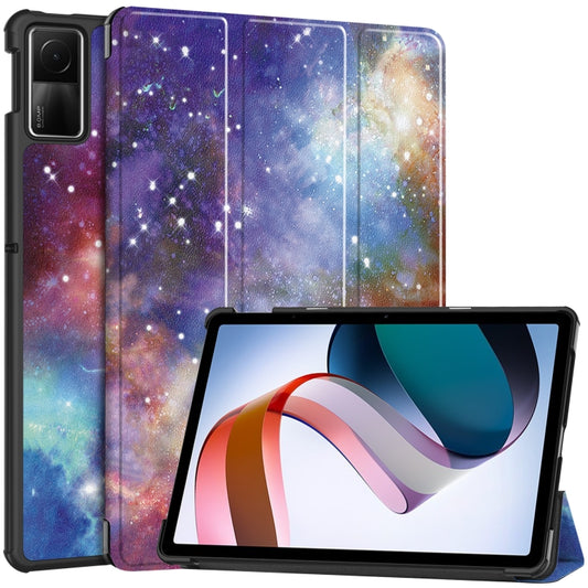 For Xiaomi Redmi Pad SE Custer Painted 3-Fold Holder Smart Leather Tablet Case(Galaxy Nebula) by bashfashion