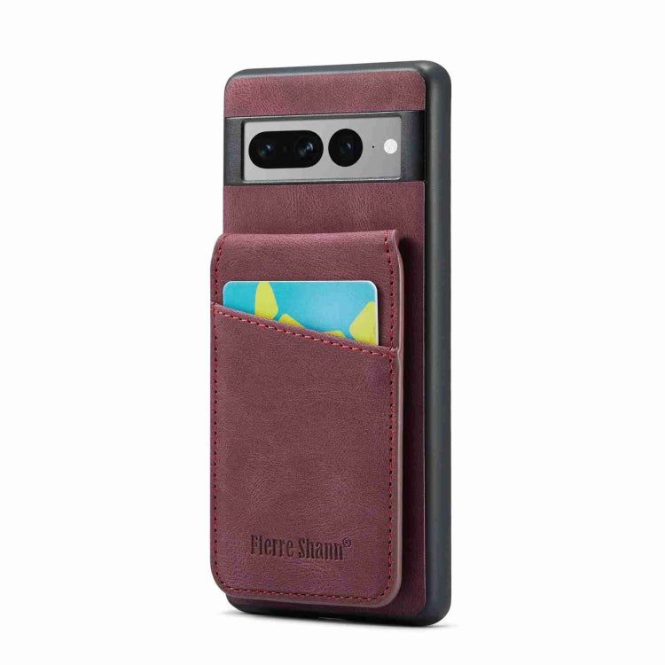 For Google Pixel 7 Pro Fierre Shann Crazy Horse Card Holder Back Cover PU Phone Case(Wine Red) by FIERRE SHANN