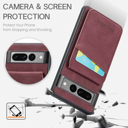 For Google Pixel 7 Pro Fierre Shann Crazy Horse Card Holder Back Cover PU Phone Case(Wine Red) by FIERRE SHANN
