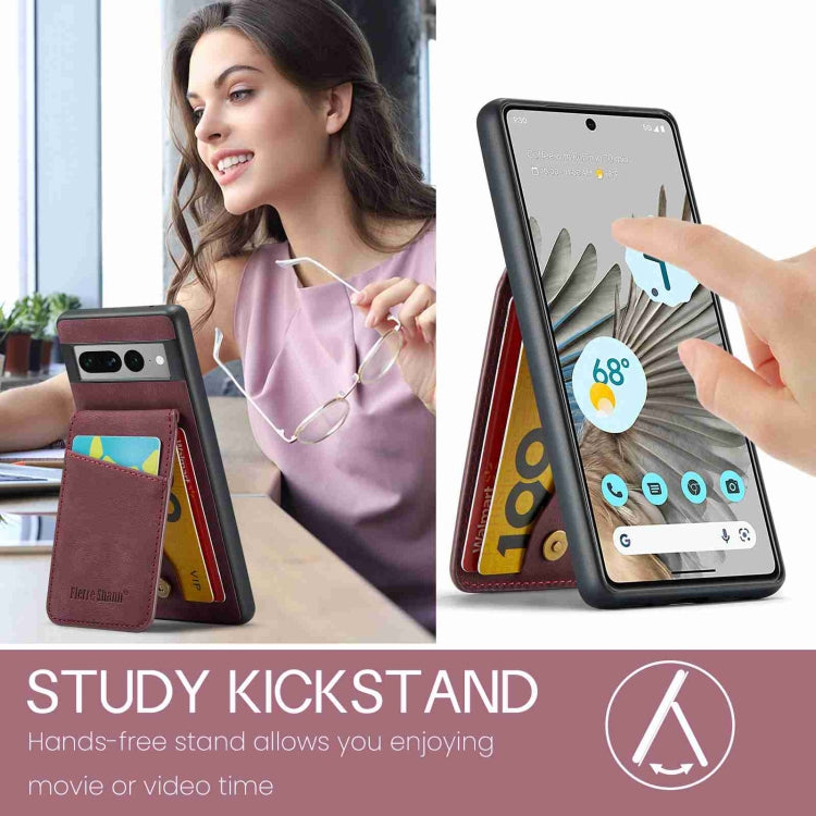 For Google Pixel 7 Pro Fierre Shann Crazy Horse Card Holder Back Cover PU Phone Case(Wine Red) by FIERRE SHANN