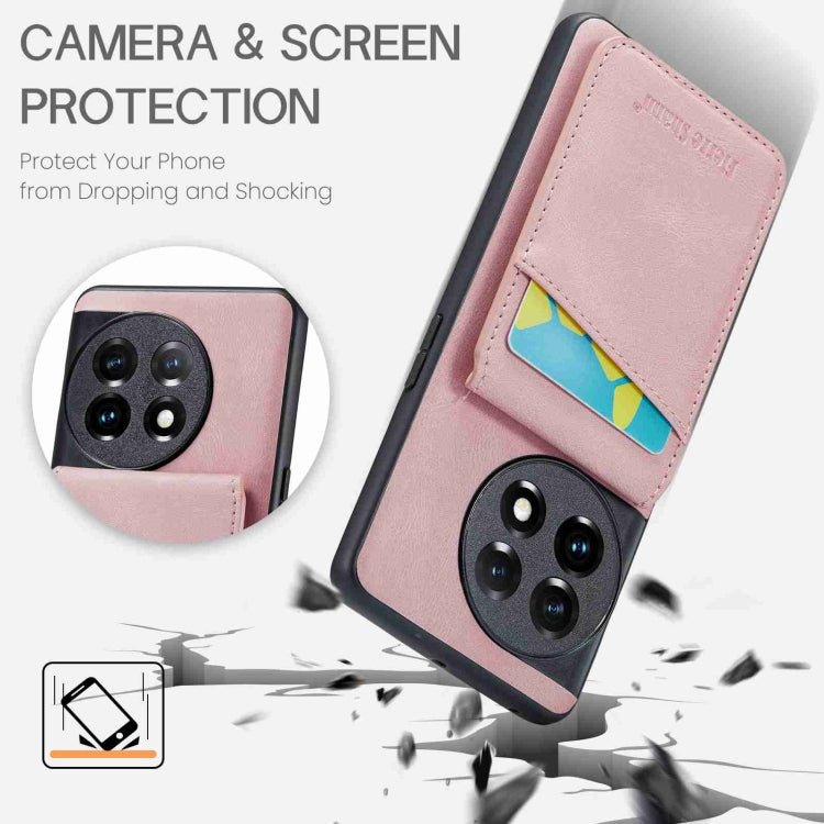 For OnePlus 11 Fierre Shann Crazy Horse Card Holder Back Cover PU Phone Case(Pink) by FIERRE SHANN