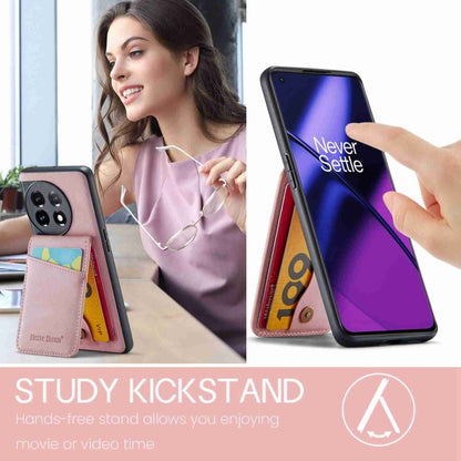 For OnePlus 11 Fierre Shann Crazy Horse Card Holder Back Cover PU Phone Case(Pink) by FIERRE SHANN