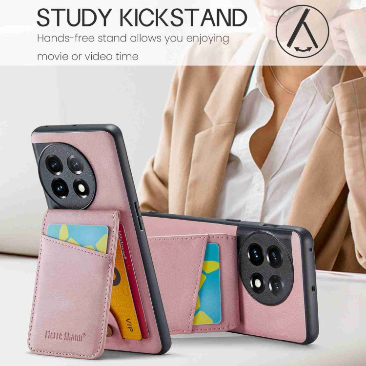 For OnePlus 11 Fierre Shann Crazy Horse Card Holder Back Cover PU Phone Case(Pink) by FIERRE SHANN