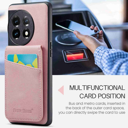 For OnePlus 11 Fierre Shann Crazy Horse Card Holder Back Cover PU Phone Case(Pink) by FIERRE SHANN