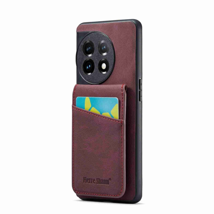 For OnePlus 11 Fierre Shann Crazy Horse Card Holder Back Cover PU Phone Case(Wine Red) by FIERRE SHANN