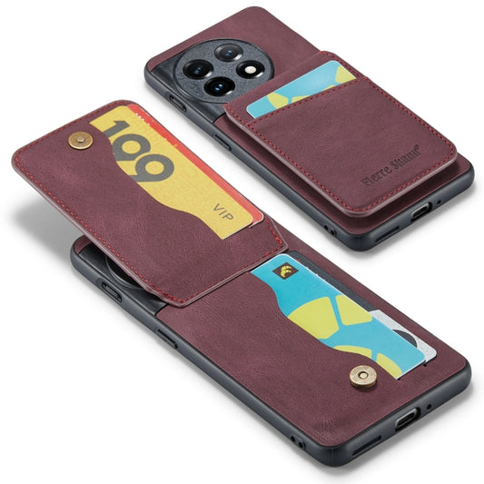 For OnePlus 11 Fierre Shann Crazy Horse Card Holder Back Cover PU Phone Case(Wine Red) by FIERRE SHANN