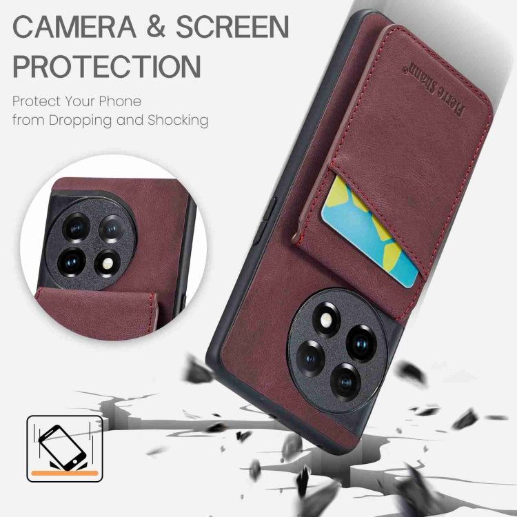 For OnePlus 11 Fierre Shann Crazy Horse Card Holder Back Cover PU Phone Case(Wine Red) by FIERRE SHANN