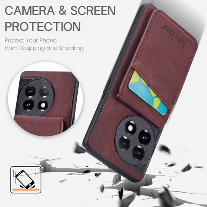 For OnePlus 11 Fierre Shann Crazy Horse Card Holder Back Cover PU Phone Case(Wine Red) by FIERRE SHANN