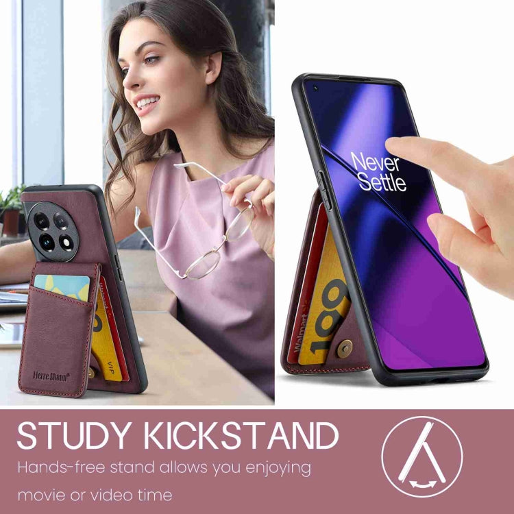 For OnePlus 11 Fierre Shann Crazy Horse Card Holder Back Cover PU Phone Case(Wine Red) by FIERRE SHANN