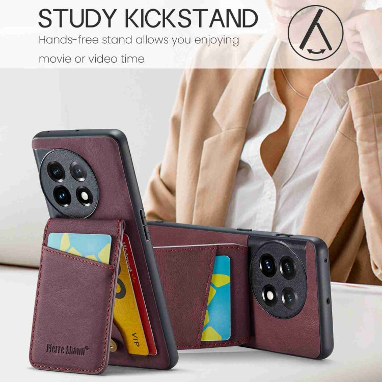 For OnePlus 11 Fierre Shann Crazy Horse Card Holder Back Cover PU Phone Case(Wine Red) by FIERRE SHANN