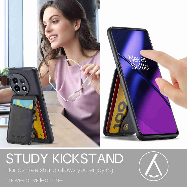 For OnePlus 11 Fierre Shann Crazy Horse Card Holder Back Cover PU Phone Case(Black) by FIERRE SHANN