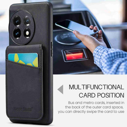 For OnePlus 11 Fierre Shann Crazy Horse Card Holder Back Cover PU Phone Case(Black) by FIERRE SHANN