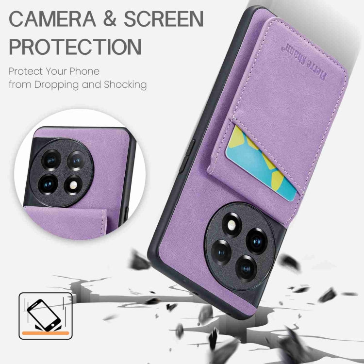 For OnePlus 11 Fierre Shann Crazy Horse Card Holder Back Cover PU Phone Case(Purple) by FIERRE SHANN
