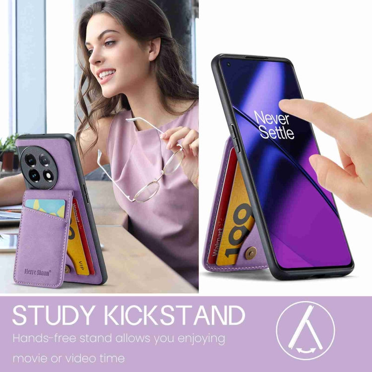 For OnePlus 11 Fierre Shann Crazy Horse Card Holder Back Cover PU Phone Case(Purple) by FIERRE SHANN