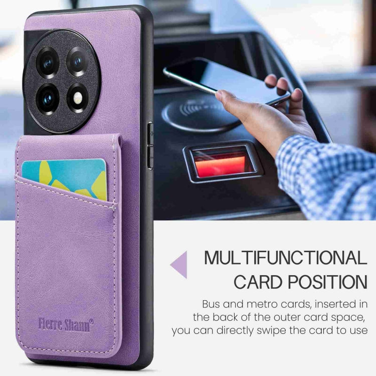 For OnePlus 11 Fierre Shann Crazy Horse Card Holder Back Cover PU Phone Case(Purple) by FIERRE SHANN