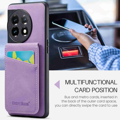 For OnePlus 11 Fierre Shann Crazy Horse Card Holder Back Cover PU Phone Case(Purple) by FIERRE SHANN