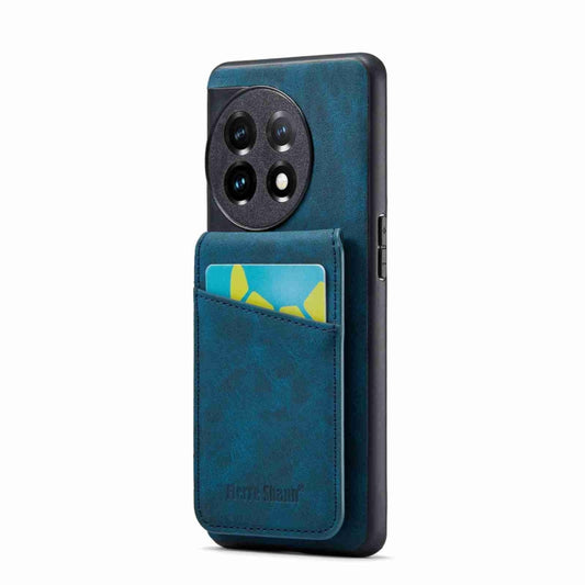 For OnePlus 11 Fierre Shann Crazy Horse Card Holder Back Cover PU Phone Case(Blue) by FIERRE SHANN