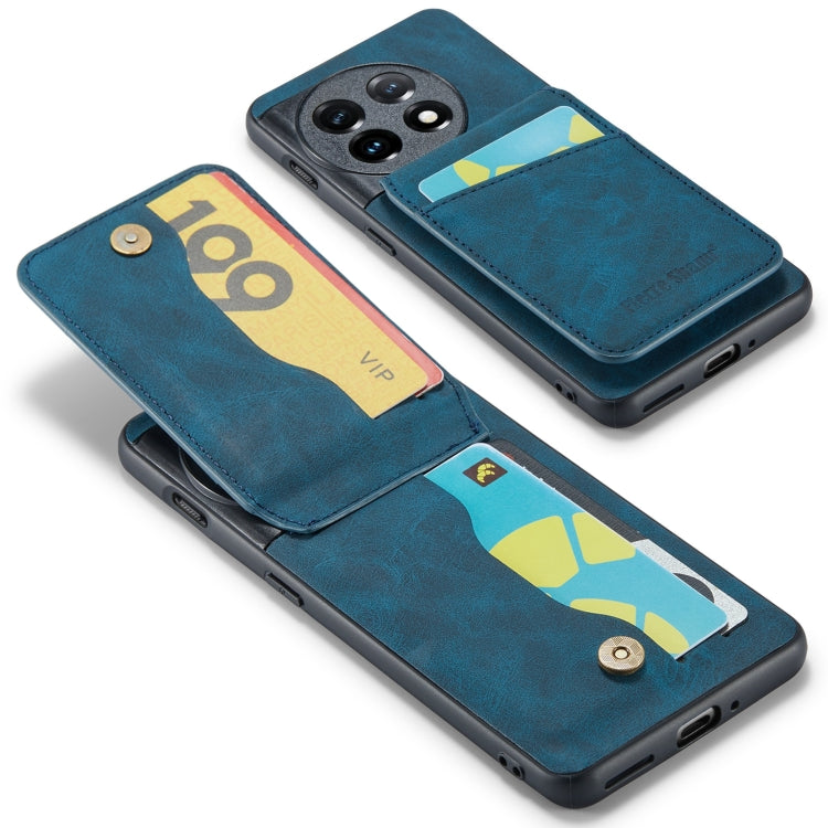 For OnePlus 11 Fierre Shann Crazy Horse Card Holder Back Cover PU Phone Case(Blue) by FIERRE SHANN
