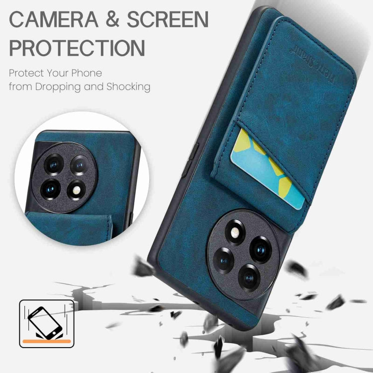 For OnePlus 11 Fierre Shann Crazy Horse Card Holder Back Cover PU Phone Case(Blue) by FIERRE SHANN