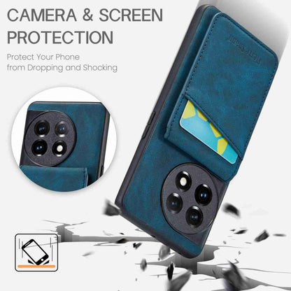 For OnePlus 11 Fierre Shann Crazy Horse Card Holder Back Cover PU Phone Case(Blue) by FIERRE SHANN
