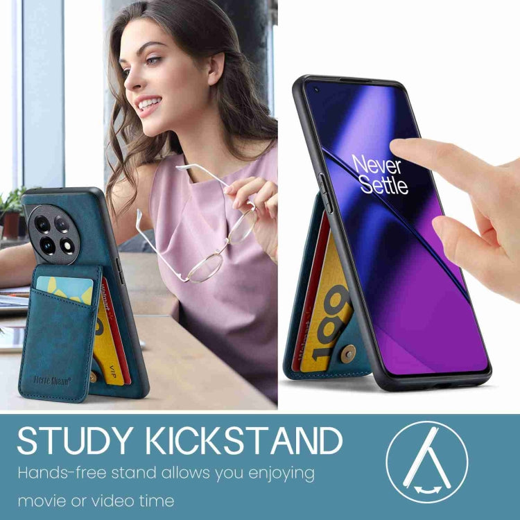 For OnePlus 11 Fierre Shann Crazy Horse Card Holder Back Cover PU Phone Case(Blue) by FIERRE SHANN