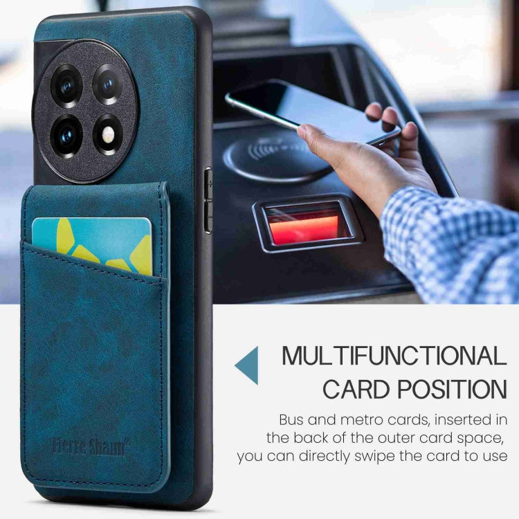 For OnePlus 11 Fierre Shann Crazy Horse Card Holder Back Cover PU Phone Case(Blue) by FIERRE SHANN