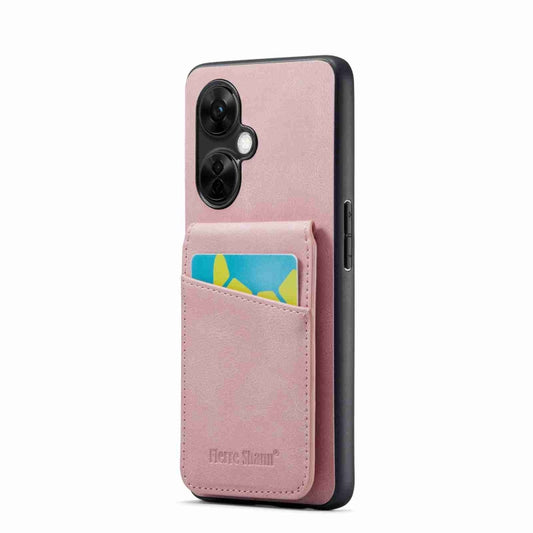 For OnePlus Nord CE 3 / CE 3 Lite Fierre Shann Crazy Horse Card Holder Back Cover PU Phone Case(Pink) by FIERRE SHANN